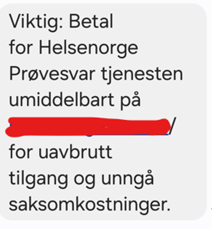 Eksempel på svindelforsøk på SMS. Ekte meldinger fra Helsenorge har aldri lenke til innlogging. 