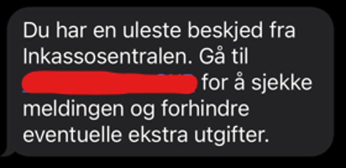 Eksempel på svindelforsøk på SMS. Ekte meldinger fra Helsenorge har aldri lenke til innlogging. 