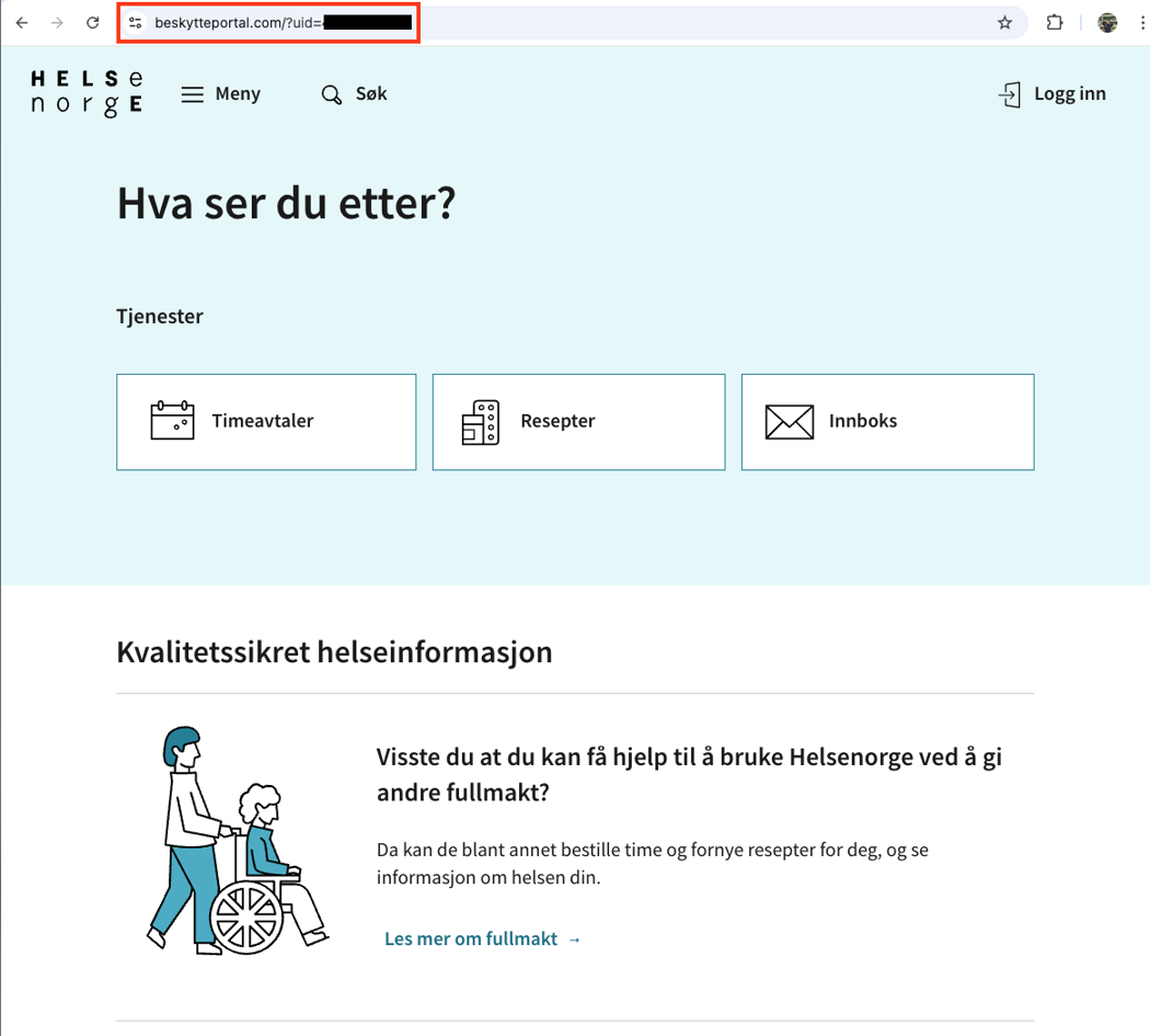 Eksempel på hvordan en falsk Helsenorge-nettside kan se ut.