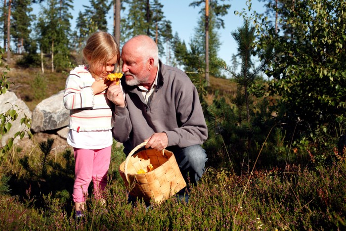 Gammel mann og liten jente på sopptur