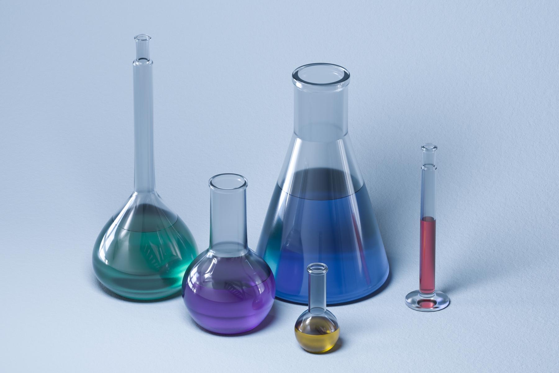 Reagensflasker med kjemikalier i ulike farger