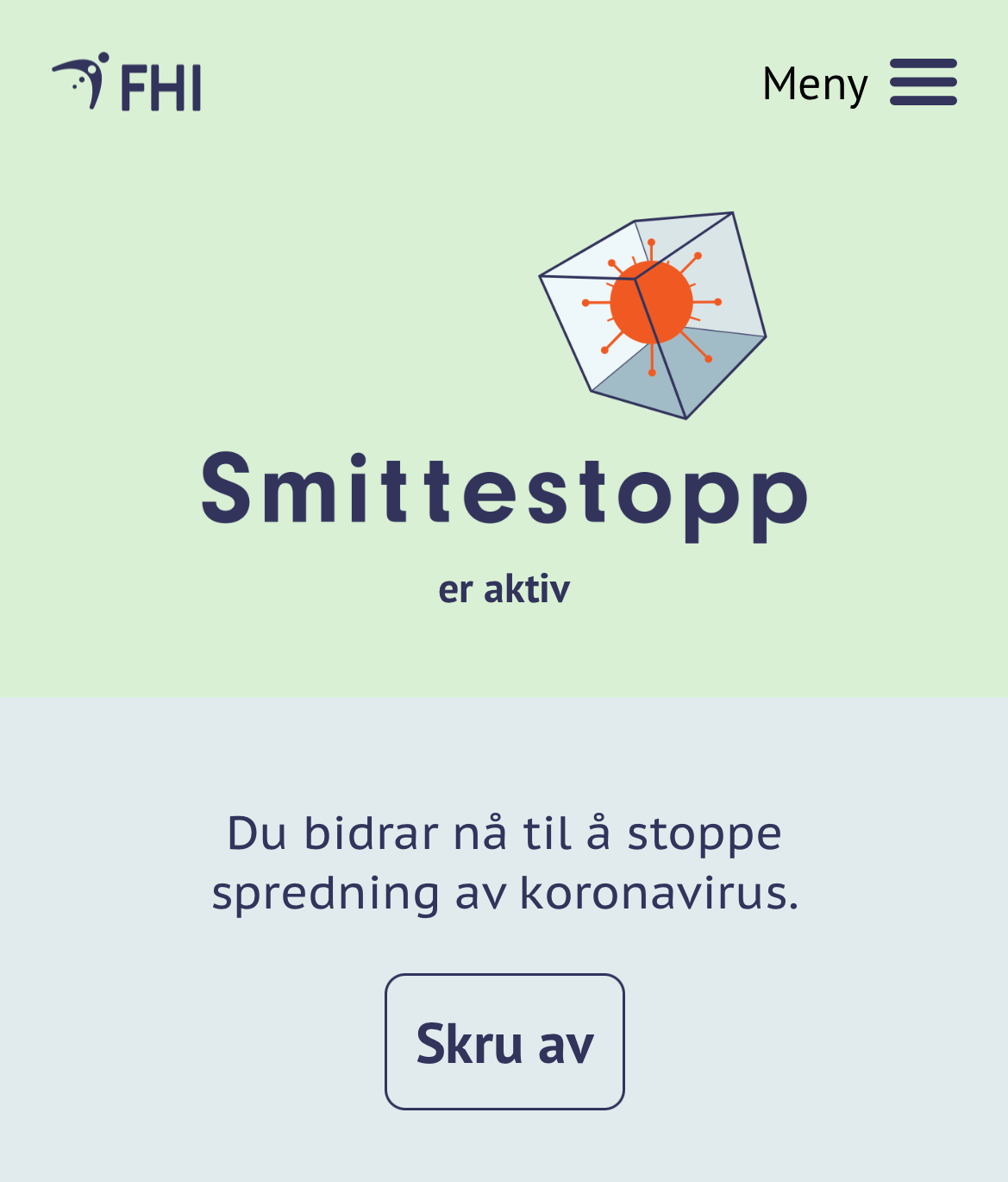 Skjermbilde fra Smittestopp som viser "Skru av"-knappen.