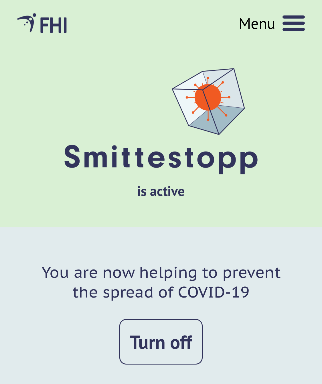 Print screen from Smittestopp with the "Turn off"-button.
