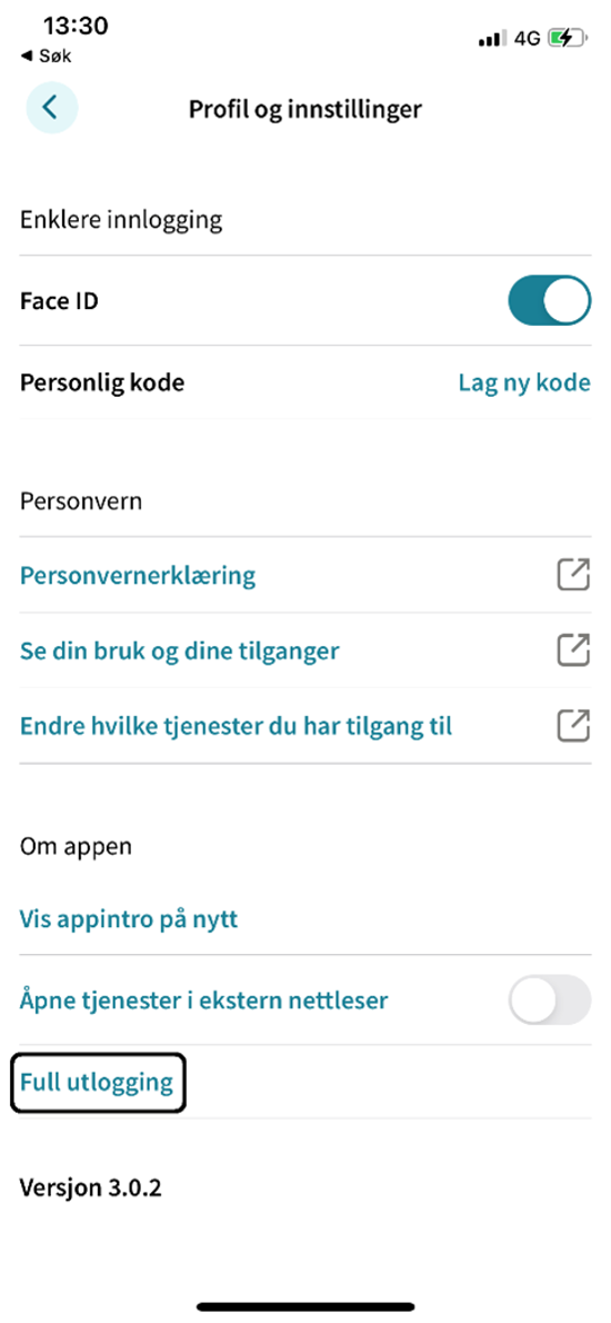 Du finner "Full utlogging" nederst under "Profil og innstillinger" i appen.
