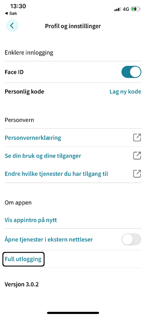 Du finner "Full utlogging" nederst under "Profil og innstillinger" i appen.