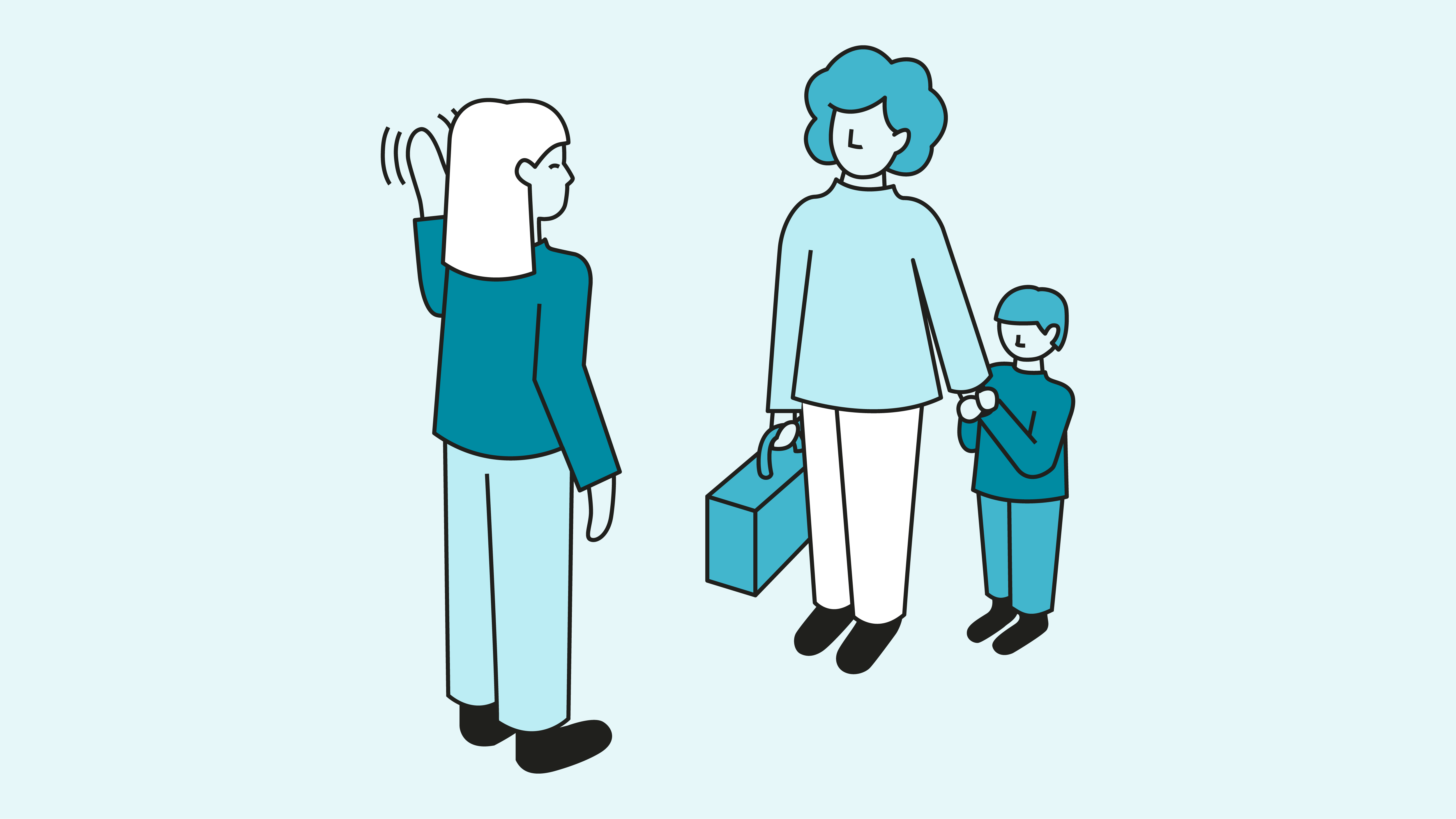 Illustration of a woman with a child and a suitcase