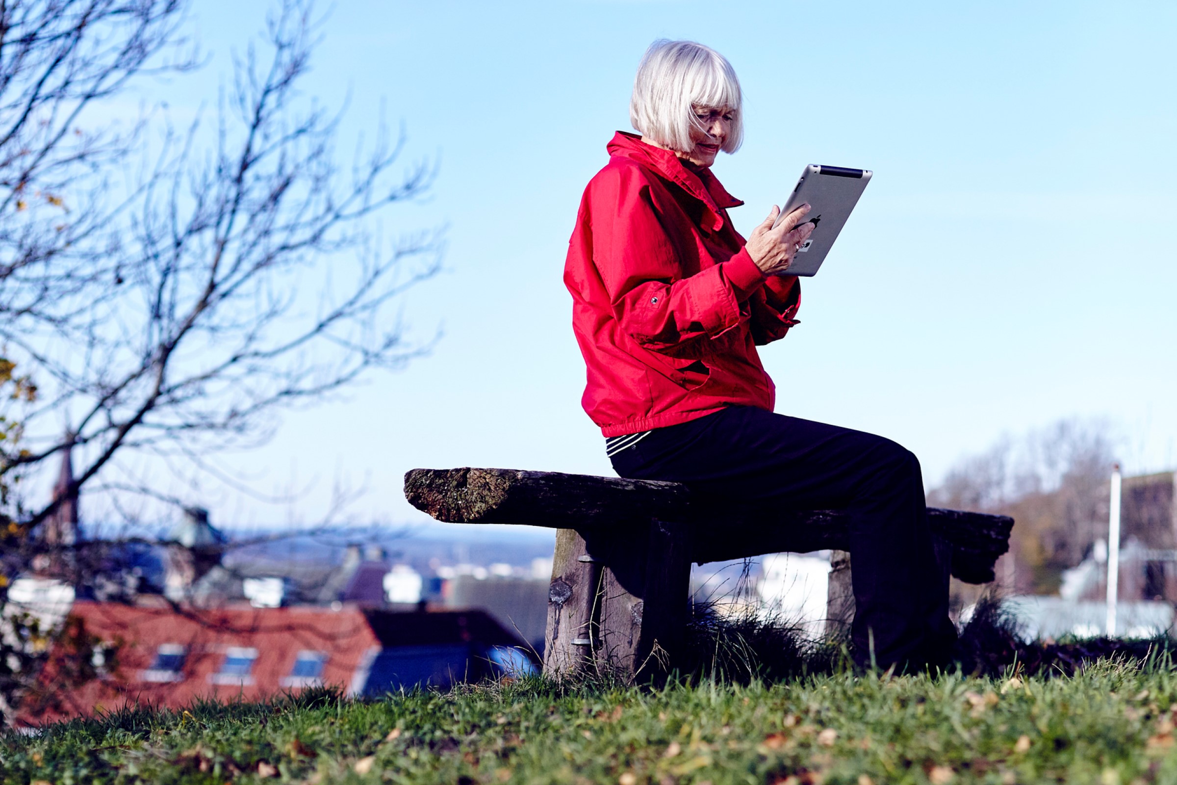 Elderly woman on bench with iPad