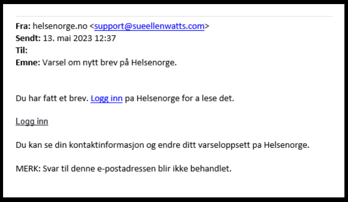 Eksempel på svindel e-post med logg inn-knapp. Vær oppmerksom på fra-feltet.