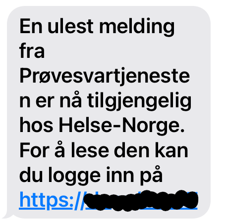 Svindelforsøk på SMS som viser til prøvesvartjenesten. Ekte meldinger fra Helsenorge har aldri lenke til innlogging. 