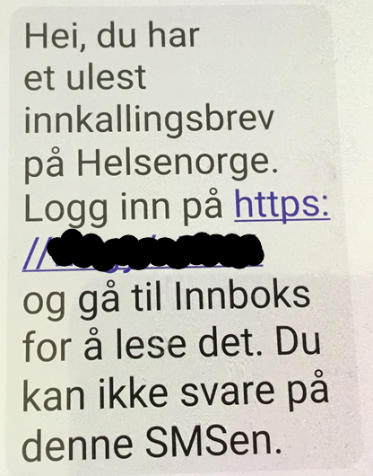 Svindelforsøk på SMS som viser til Innboks på Helsenorge. Ekte meldinger fra Helsenorge har aldri lenke til innlogging. 