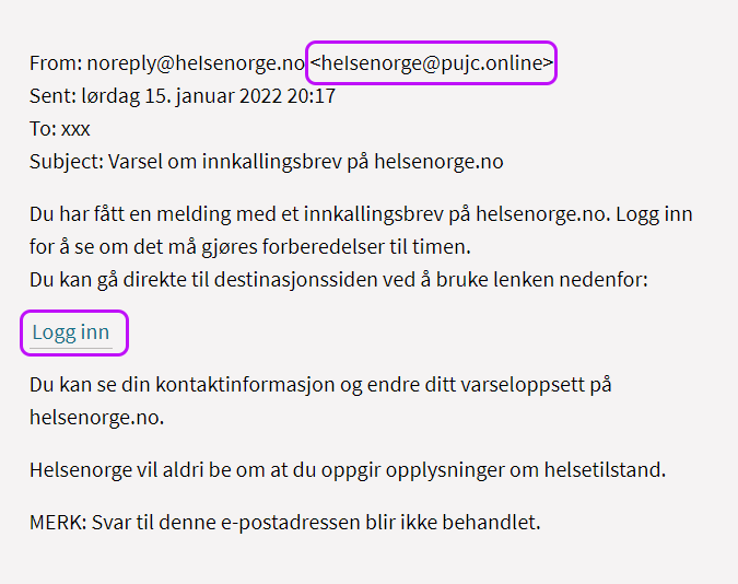 Eksempel på svindel e-post med logg inn-knapp. Vær oppmerksom på fra-feltet.