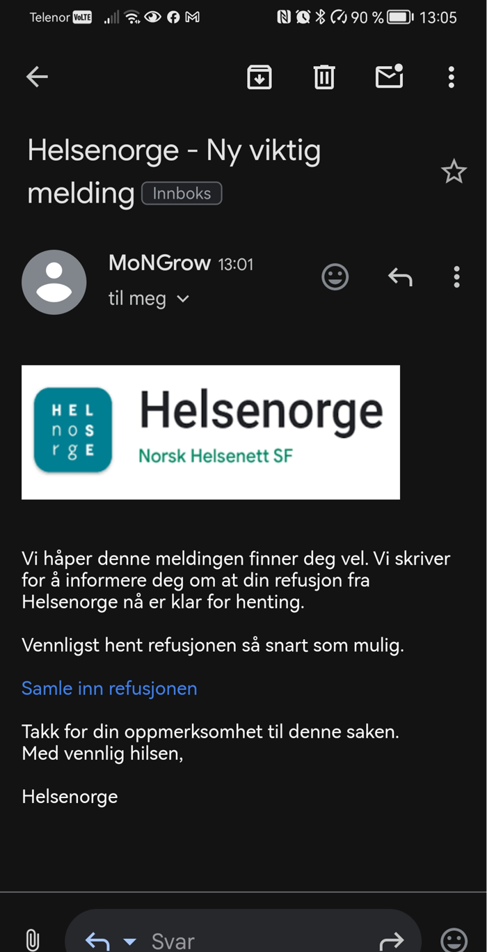 Eksempel på svindel e-post. Vær oppmerksom på fra-feltet.